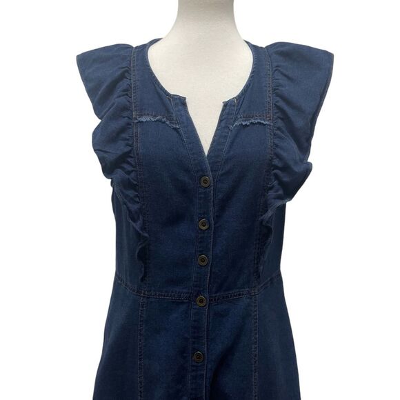Anthropologie Pilcro Dark Blue Denim Ruffle Sleeve Maxi Midi Dress, 14. buttons - Picture 10 of 16